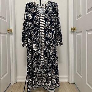 LOFT Dark Blue  and White Floral Long Sleeve Dress
